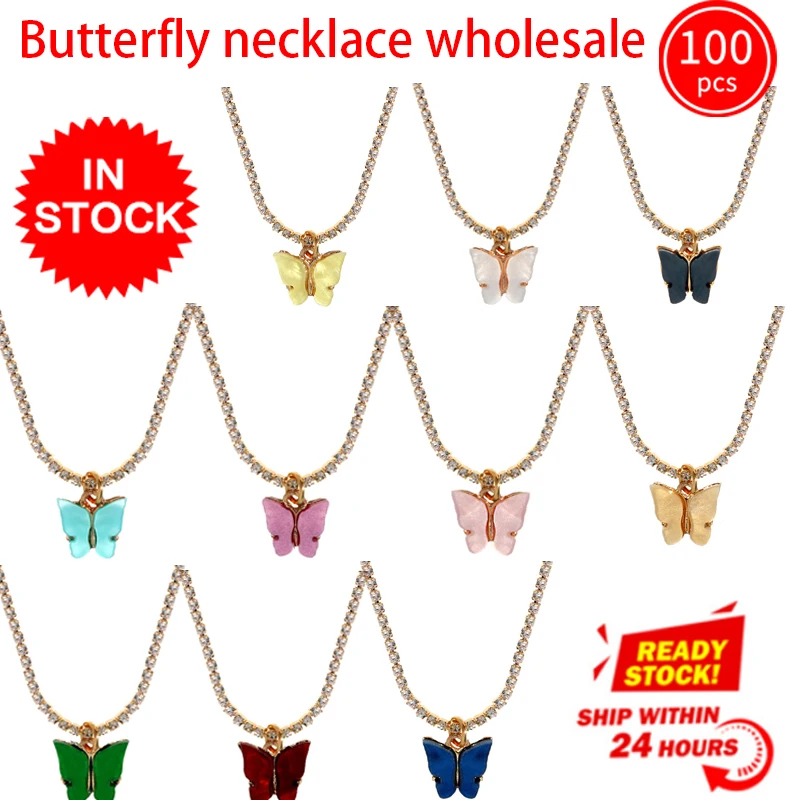 ????? Flatfoosie 100 ピース/セットファッションクリスタルチェーンチョーカーネックレスかわいい蝶昆虫ネックレスセットロマンチックなジュエリー卸売