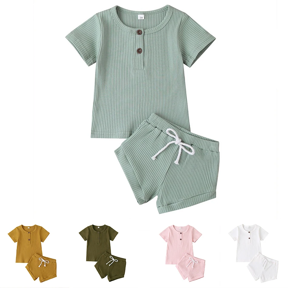 

2020 Baby Summer Clothing 2PCS Newborn Baby Girl Solid Clothes Casual Short Sleeve Pullover T Shirts Shorts
