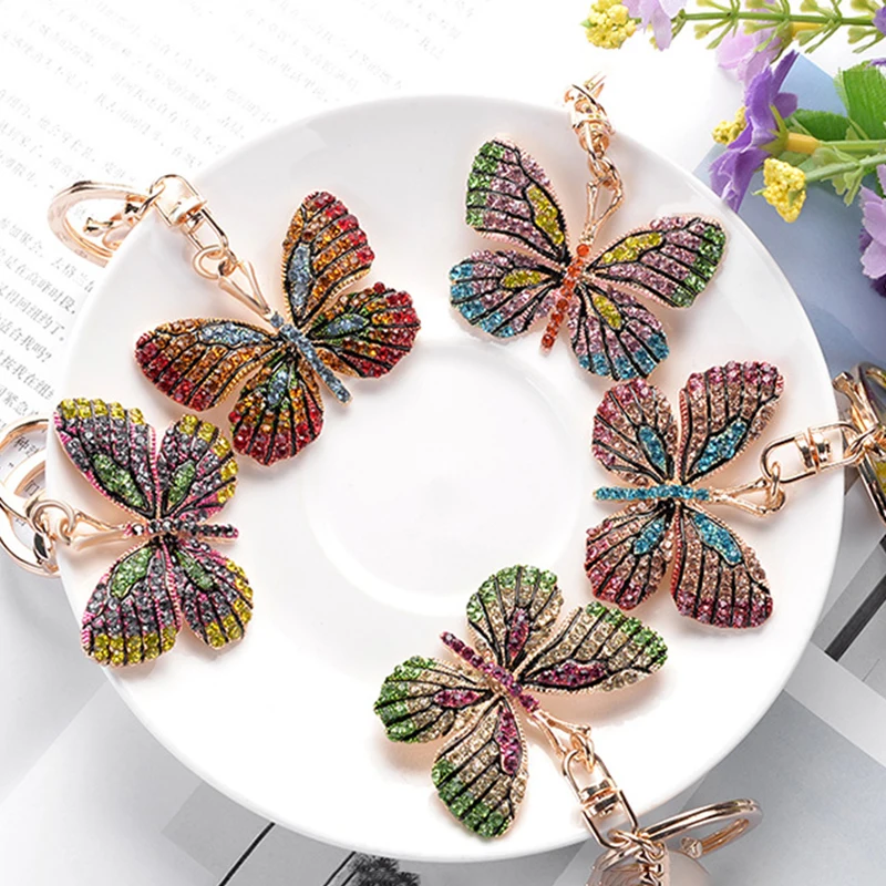 

2021 New Creative Fashion Big Colorful Butterfly Full Rhinestone Alloy Key Chain For Women Bag Pendant Accessories Jewelry Gifts