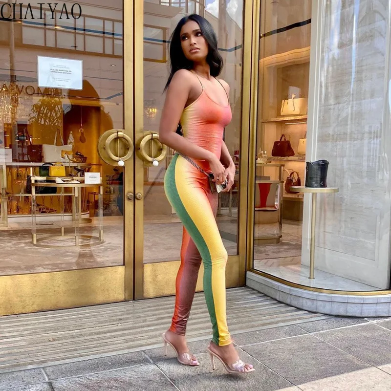 

92K21Q01595 CHAIYAO summer women's sexy halter strap tie-dye high waist tight-fitting color sports casual jumpsuit