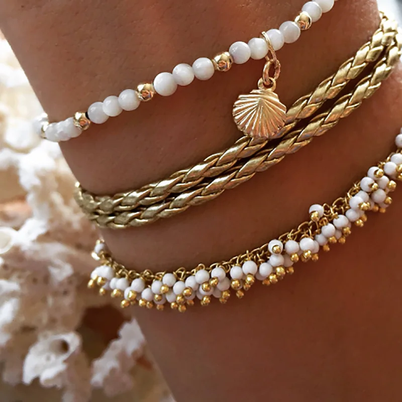 

HI MAN 3 Pcs/Set French Mixed Small Round Beads Shell Woven Twist Anklet Women Fashion Temperament Party Jewelry