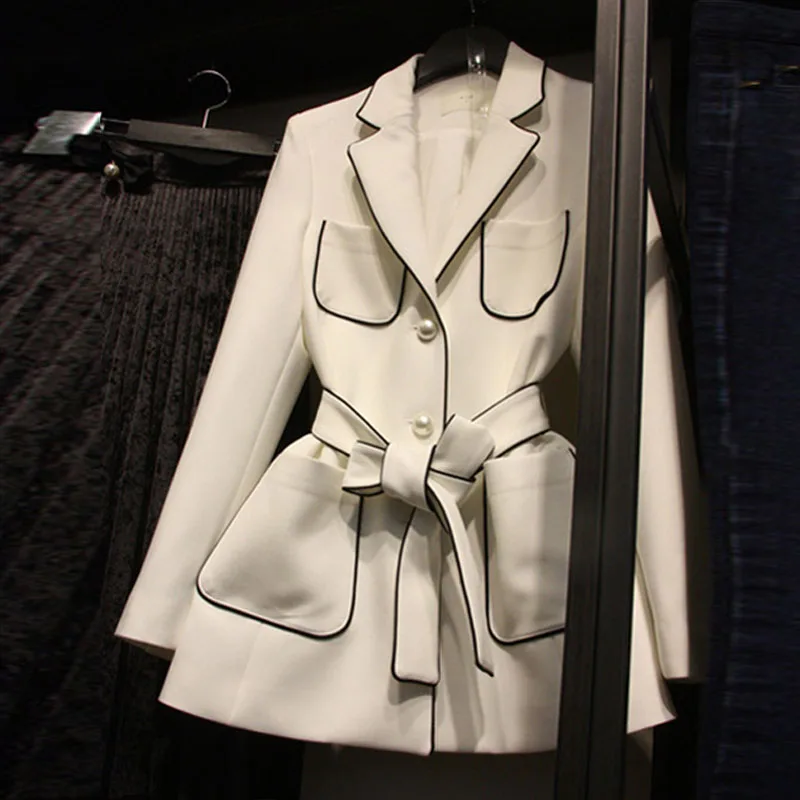 Женский офисный пиджак на пуговицах Длинный блейзер шнуровке с жемчужинами