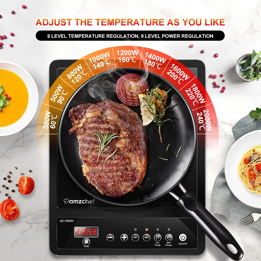 Amzchef одноиндукционная плита электрическая SK-CB09K стеклянная 2000 Вт 9 уровней