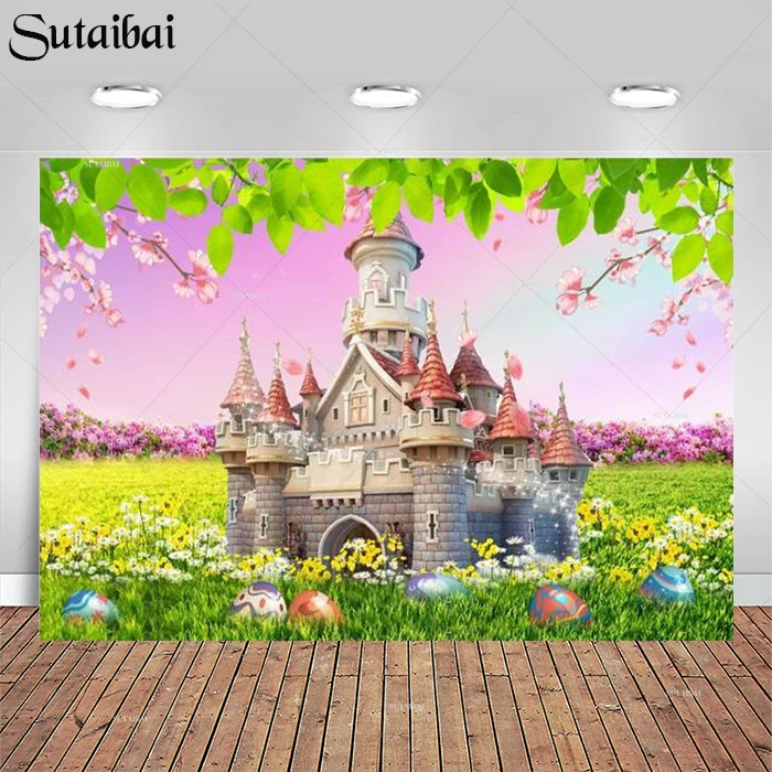 

Spring Princess Castle Pink Flowers Green Grassland Kids Colourful Eggs Easter Backdrop Photography Background Photo Studio