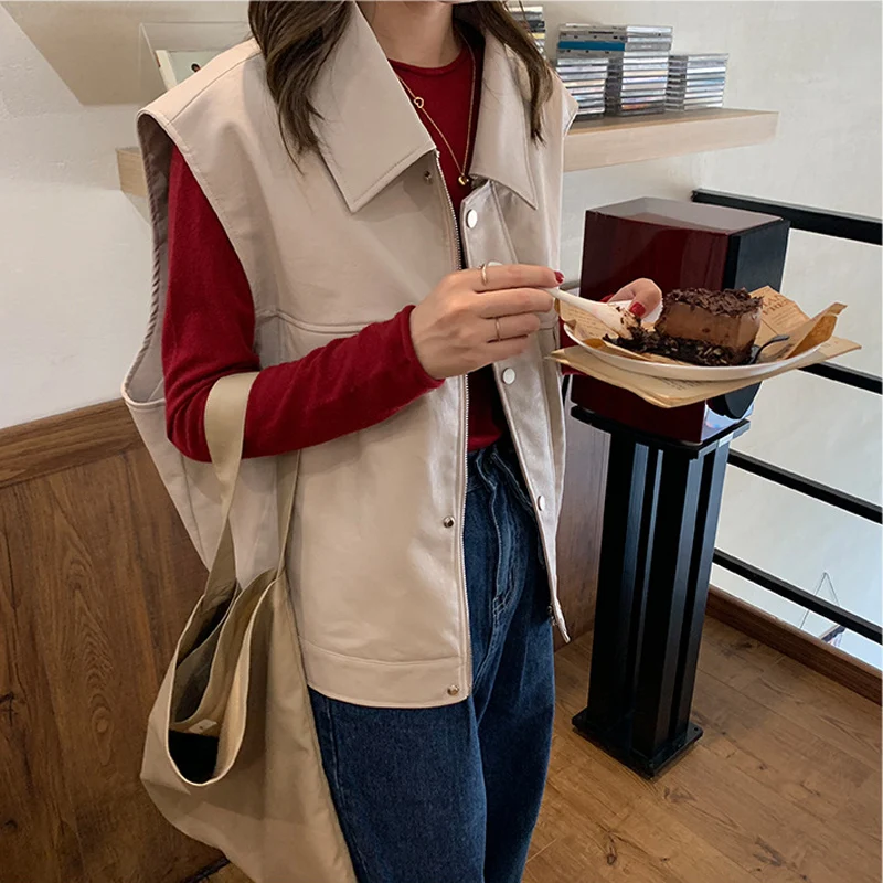 Женский жилет из искусственной кожи Sungtin черный Свободный без рукавов Осень-зима