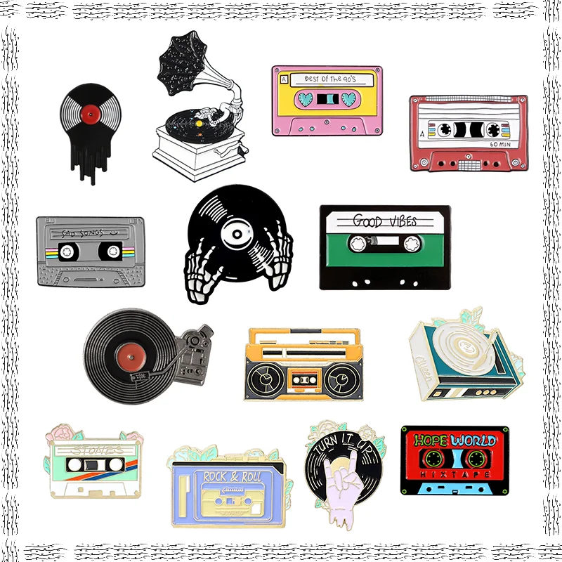 

Music Lovers Enamel Pins Tape Cassette DJ Vinyl Record Player Badge Brooches Lapel Pin Gothic Jewelry Gift for Friends Wholesale