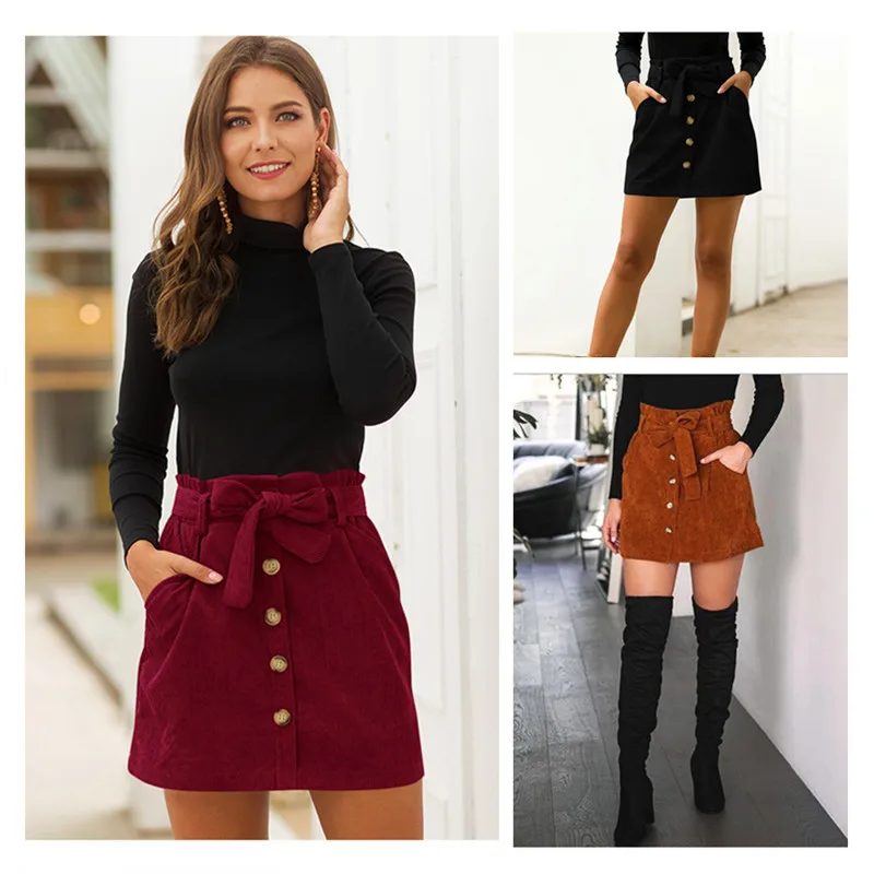 

Woman's Skirt High Waist Stretch Pocket Lace-up Harajuku A-line Skirt Stylish Elegant Female Solid Color Button Hip Mini Skirt
