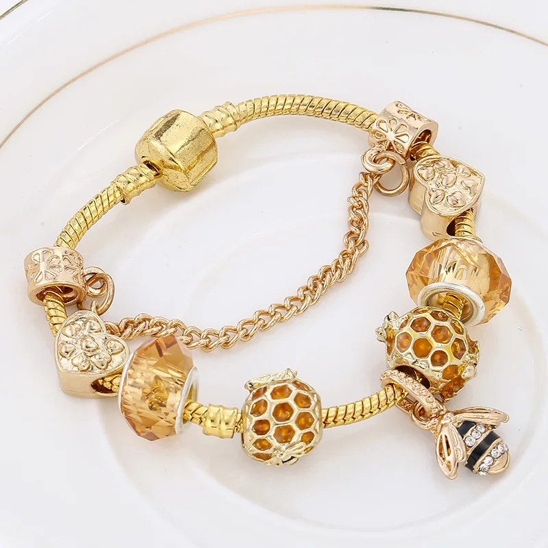 Шарм Золотой Апис флорея браслет соты эмаль жемчуг Сплав пластина с серебряным