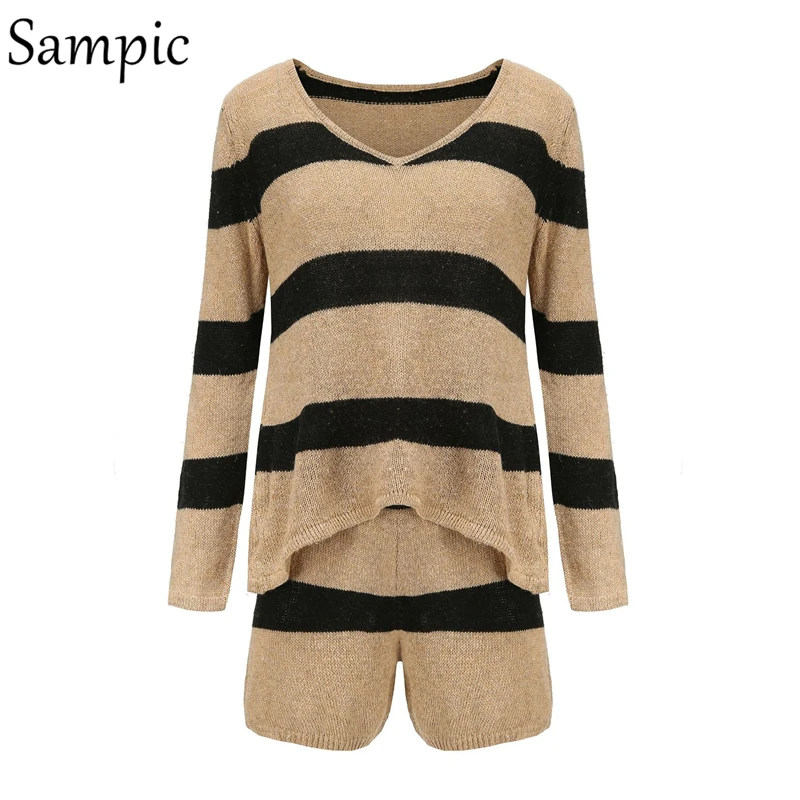 

Sampic Casual Tracksuit Women Knitted Striped Shorts Set Loose Long Sleeve Tops And High Waisted Mini Shorts Two Piece Set Women