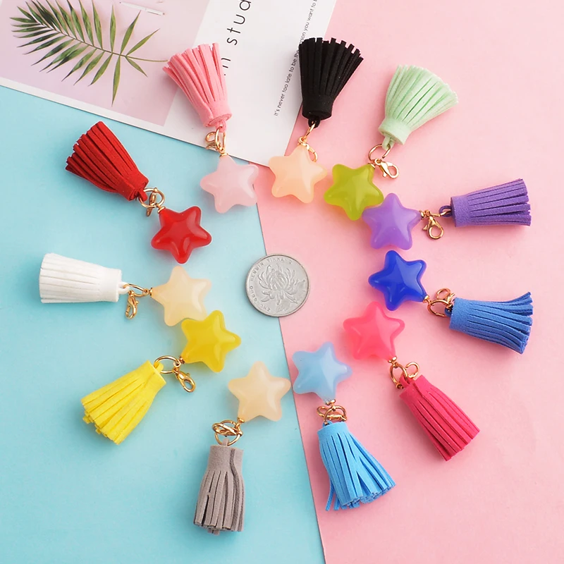 

2PCS Cute DIY Star Tassle Keychain Keyring Charms For Women Jewelry Making Candy Color Pentagram Bag Phone Pendant Acccessories