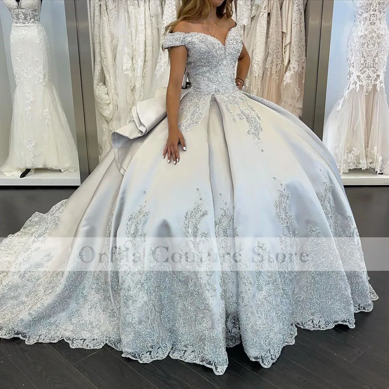 

Silver Off Shoulder Ball Gown Quinceanera Dress 2021 Sweet 16 Dress Pageant Gowns Long Prom Party Dress