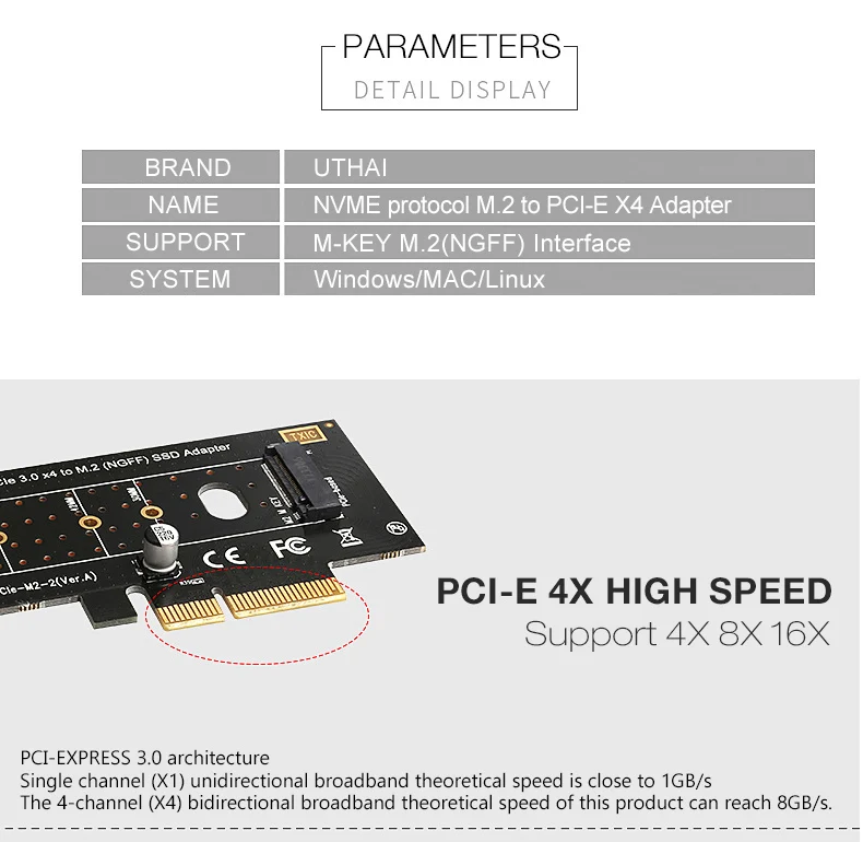 Утхай T16 M.2 NVME PCI-E адаптер M.2 NVMe SSD PCIE 3,0X16X8X4 переходная карта для M ключ интерфейс SSD карты расширения