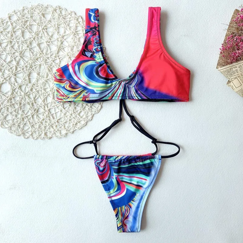 

Sexy Print Swimwear Women Micro Thong One Piece Swimsuit Female Bather Backless High Cut Holow Out Bathing Suit Swim Lady 5242