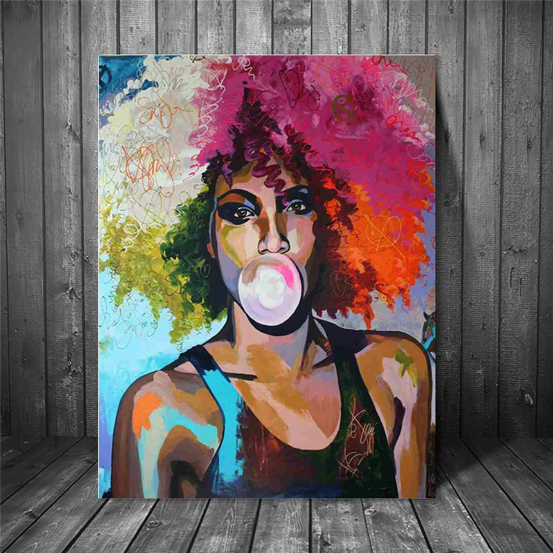 

Colored Hair Blowing Bubble Gum Girl African Woman Oil Painting on Canvas Posters and Prints Wall Art Picture for living room