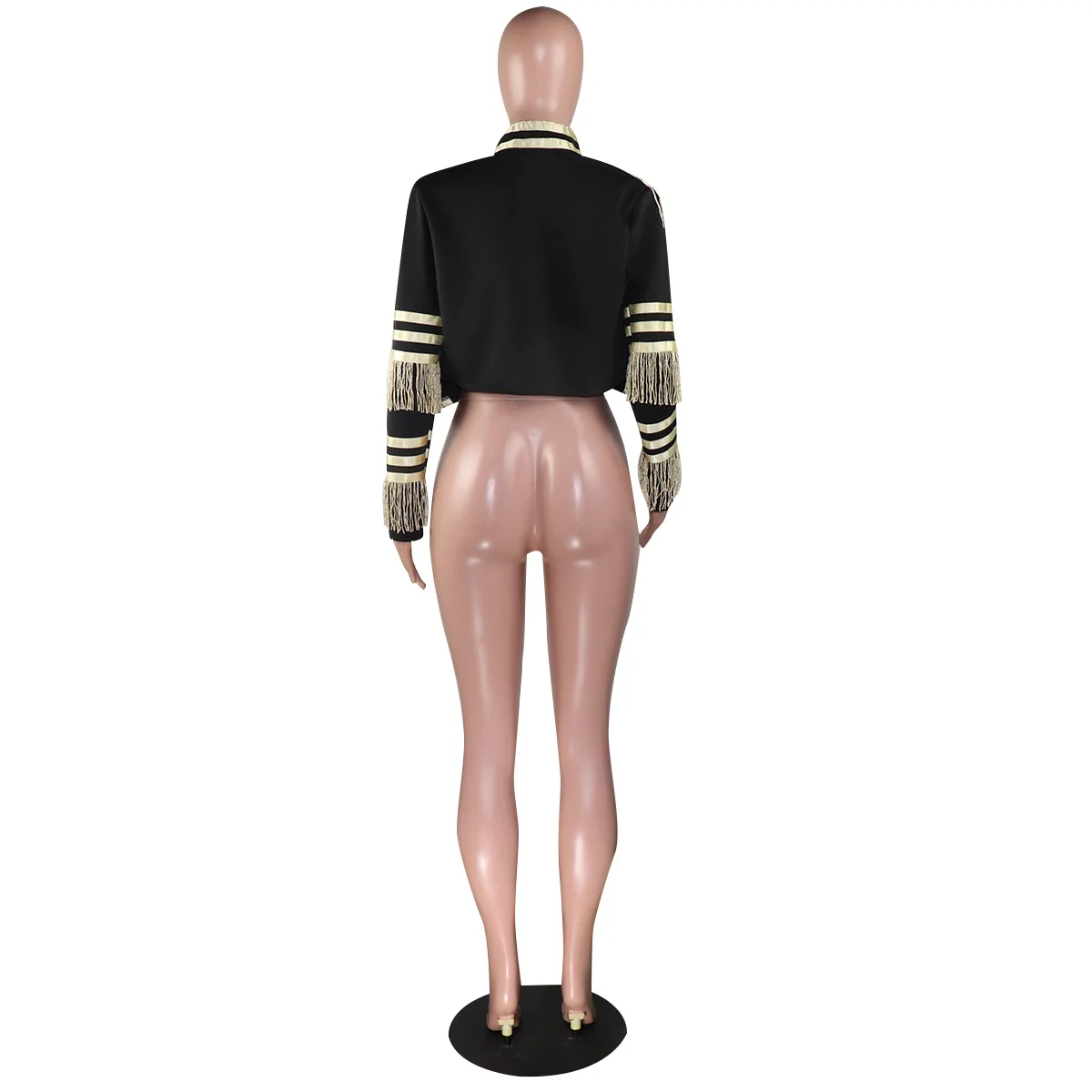 

Fashion Lady Fringe Patched Metallic Double Breasted Stripe Black Gothic Jacket Women Autumn Stand Collar Cropped Jacket Women