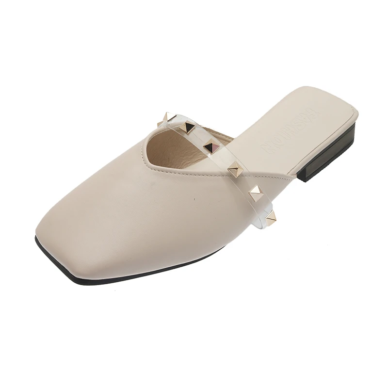 

New Sandalias Mules Femme Plates Piel Planos Half Slides Women Rivet Flat Slippers Leather Cozy Loafers Summer Backless Shoes