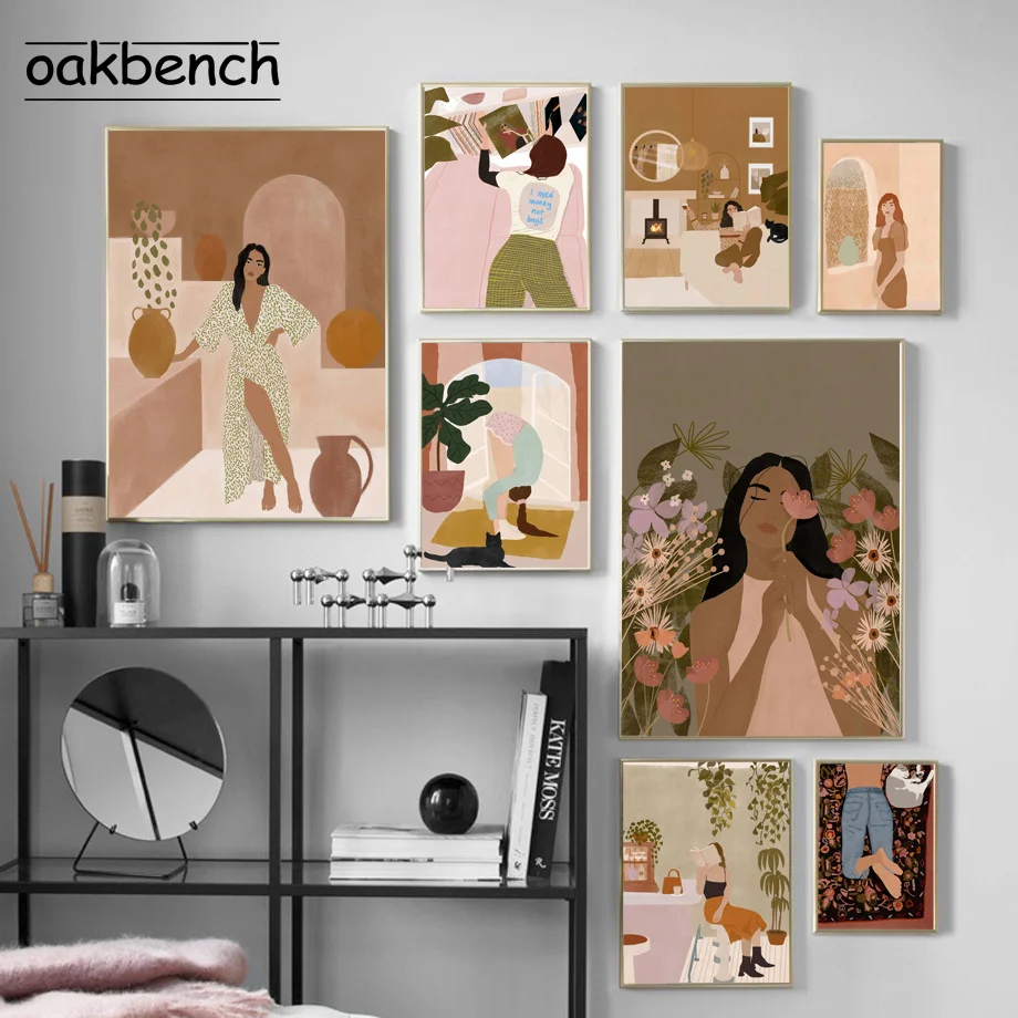 

Fashion Girl Wall Art Canvas Painting Read Flower Poster Abstract Print Nordic Wall Pictures For Living Room Home Decoration