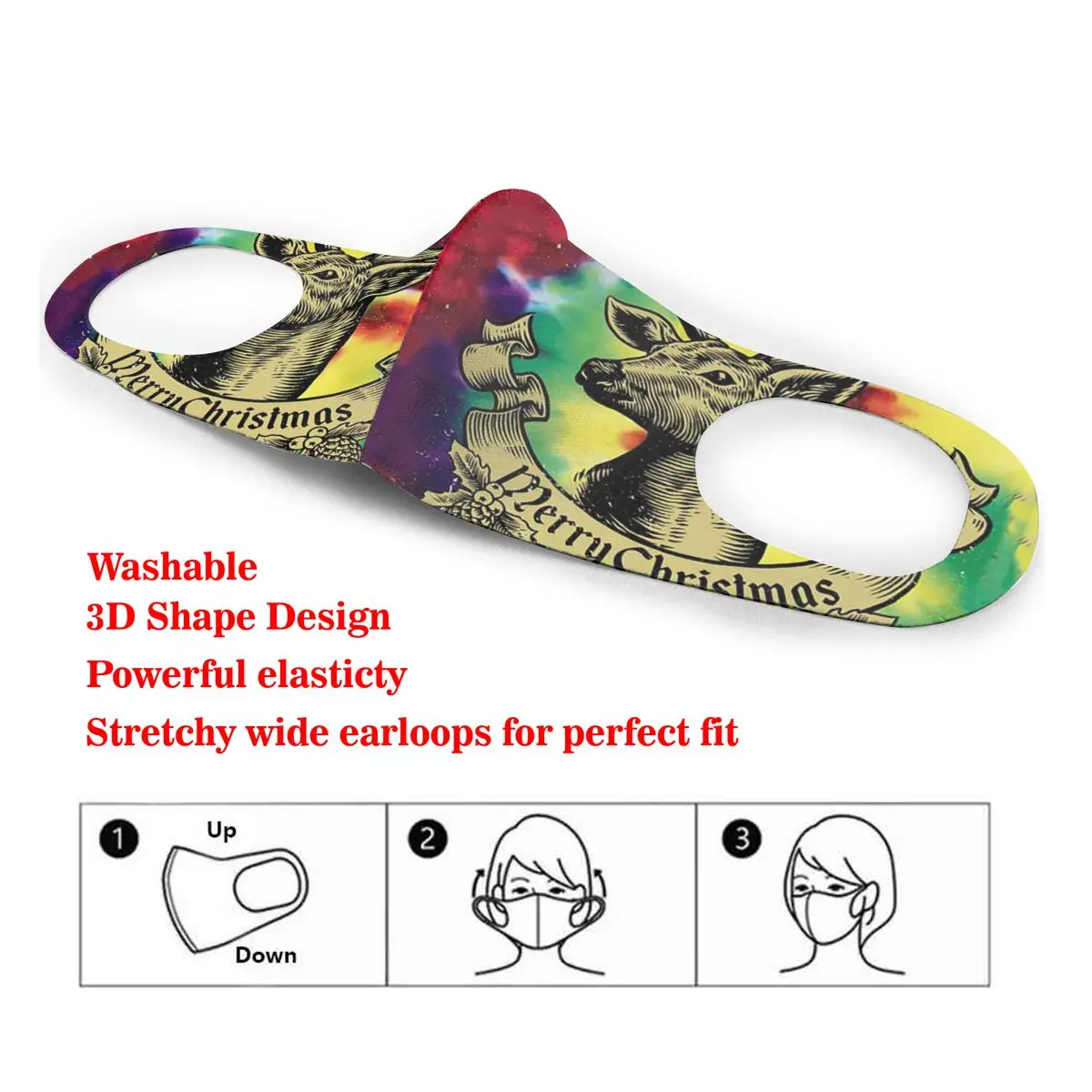 

Dust Mask Merry Christmas Deer Tie Dye Mouth Face Mask for Adult Kids Windproof Washable Reusable