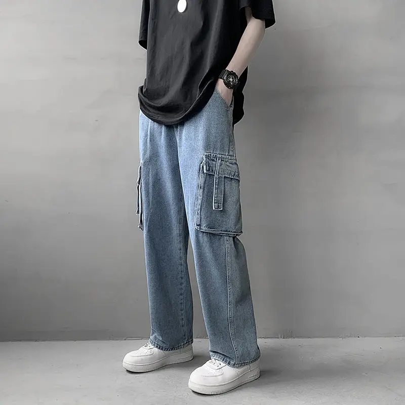 

Blue Wide-leg Jeans Men's Fashion Harajuku Pocket Jeans Men Streetwear Loose Hip-hop Straight-leg Denim Trousers Mens M-3XL