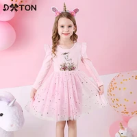 dxton long sleeve girls dresses deer cartoon kids dress for girls school party vestidos flower tulle cotton children tutu dress