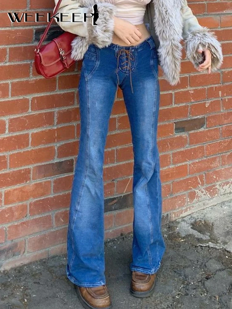 

Weekeep Chic Bandage Low Waist Denim Jeans Women Full Length Slim Flared Pants Vintage Y2k Fashion Femme Streetwear 90s Trousers