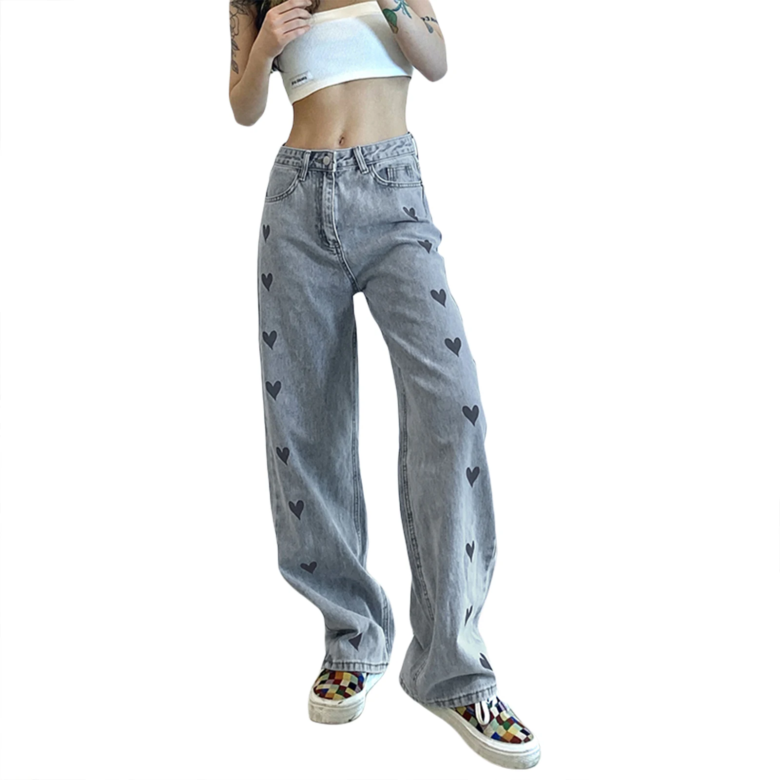 

Spring Autumn Women Straight Jeans High Waist Heart Print Long Pants Ladies Casual Loose Denim Pants Trouser