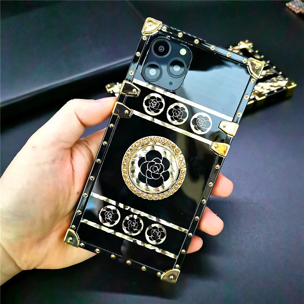 

Luxury Gold Glitter Diamond Flower Case iPhone 12 PRO MAX Plus X XS MAX Women Square Cover iphone 11 Pro MAX 8 7 Plus shell