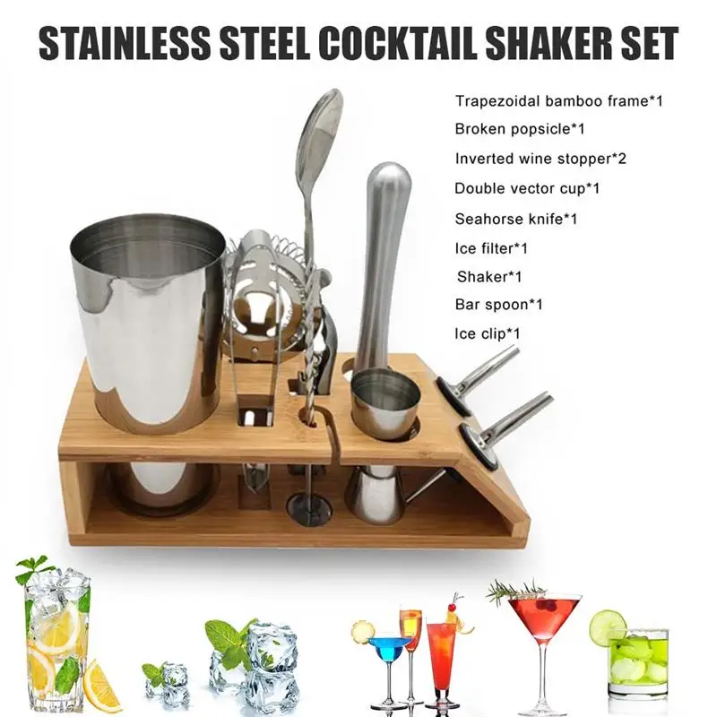 

10pcs Cocktail Shaker Set Stainless Steel Bartender Kit With Stand Bar Boston Shaker Drink Mixer For Professionals Beginners