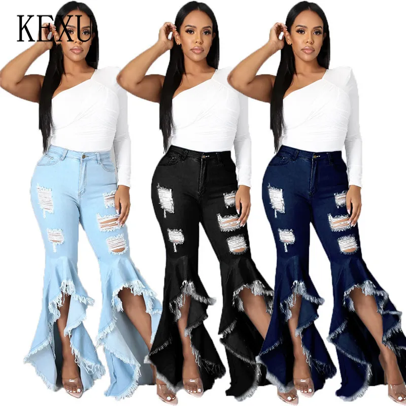 

KEXU Cowboy Flare Pants Pockets Hollow Out Hole Sexy High Waist Elasticity Package Hip Skinny Casual Club Sports Streetwear
