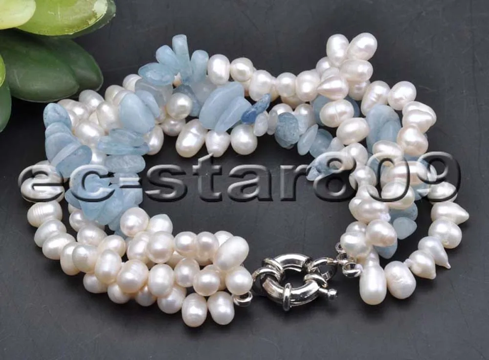 

P5941 4Row 8" 7mm White Rice Freshwater Pearl Aquamarine Crushed Stone Bracelet Women Fashion Jewelry