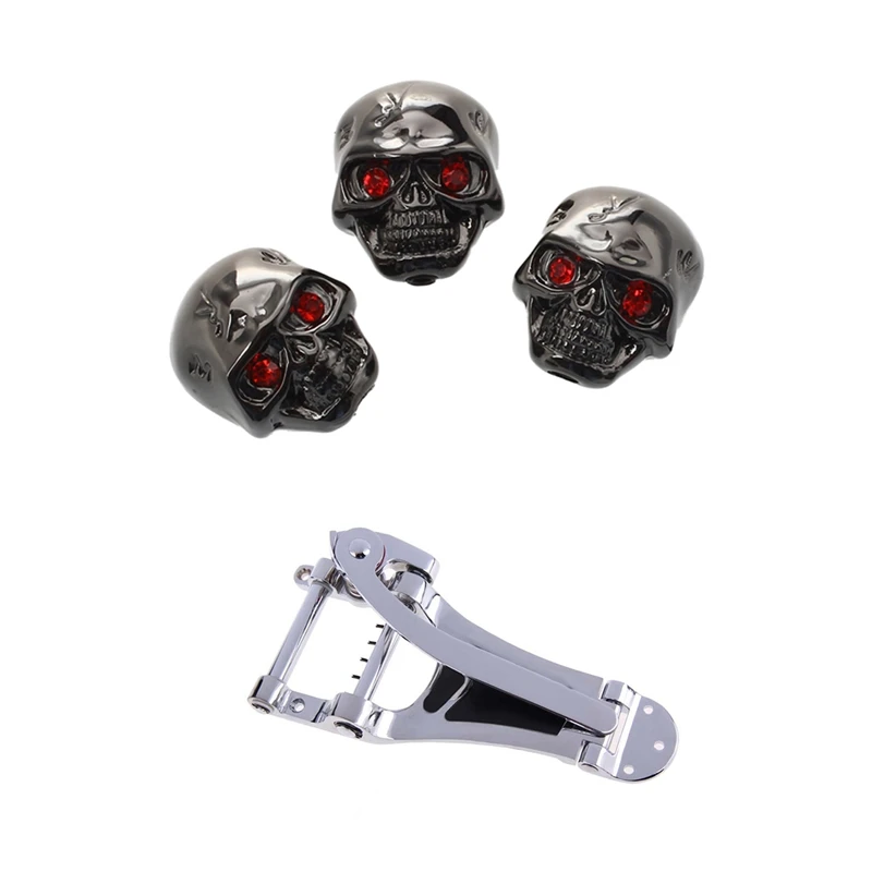 

3Pcs Electric Guitar Skull Head Volume Control Knobs---Black & 1X Tremolo Vibrato Bridge Tailpiece Hollow Body Archtop