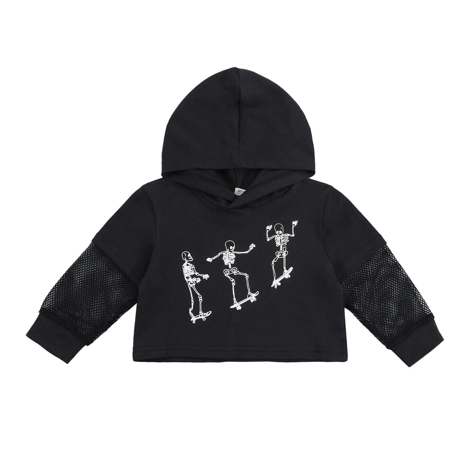

3-7Years Girls Boys Hoodie, Spring Autumn Toddlers Skull Man Printing Mesh Splicing Long Sleeve Hooded Tops Casual Clothes