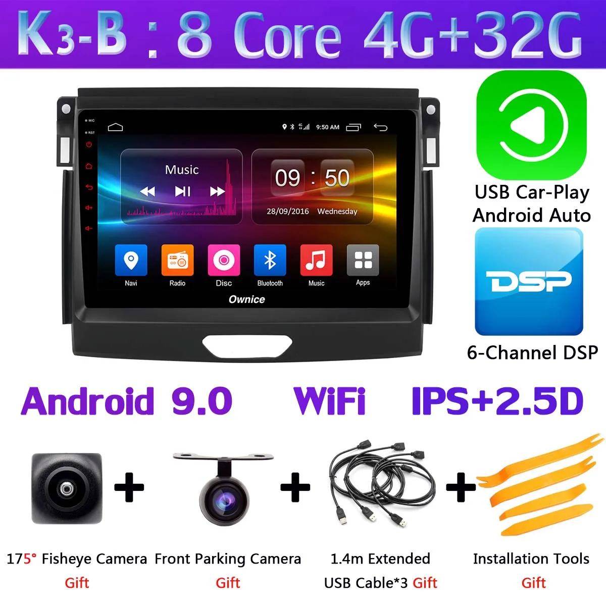K3-B-CarPlay Панорамная камера 360 ° 4G LTE WiFi 8 ядерный Android 9,0 4G+ 64G SPDIF DSP CarPlay Автомобильный плеер для Ford Ranger- gps радио - Цвет: K3-B-CarPlay