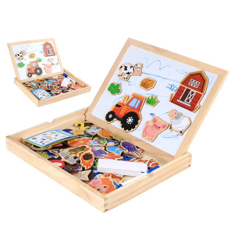 

Educational Multi-functional Board Animal Magnetic Puzzle White Board Blackboard Painting Easel Children's Art Wooden Toys
