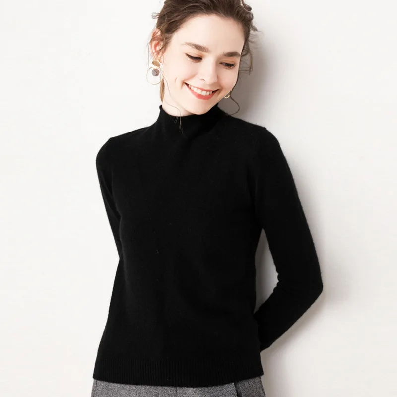 

New Style for Autumn and Winter Half-Collar Short Pullover Women's Slim Fit All-match Wool Solid Color Knitted Base Sweater