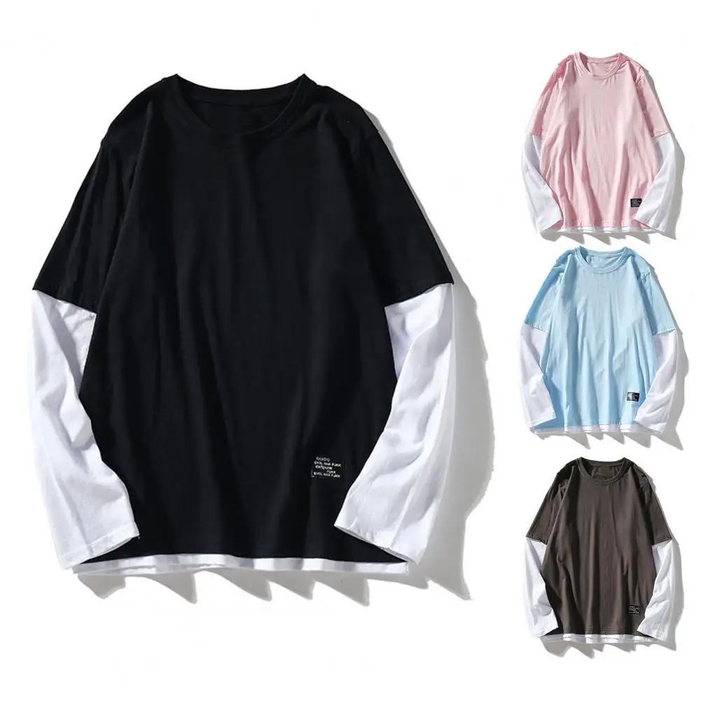 

Casual Men T-shirt Round Neck Fake Two Pieces Spring Autumn Color Block Long Sleeve O Neck Pullover Top Streetwear For Female