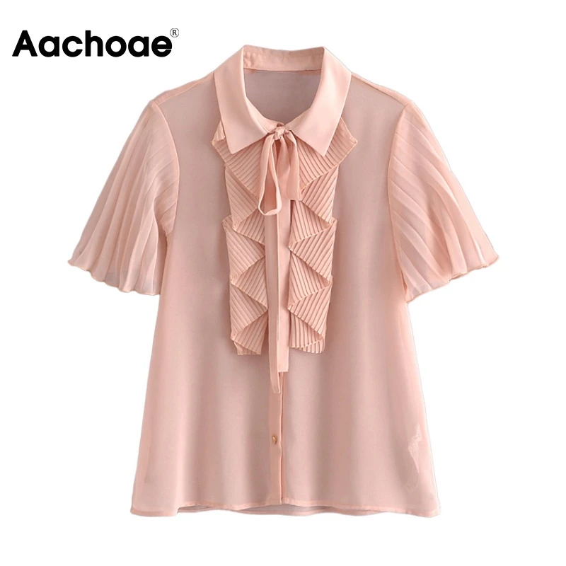 

Блузка женская шифоновая однотонная с коротким рукавом и отложным воротником