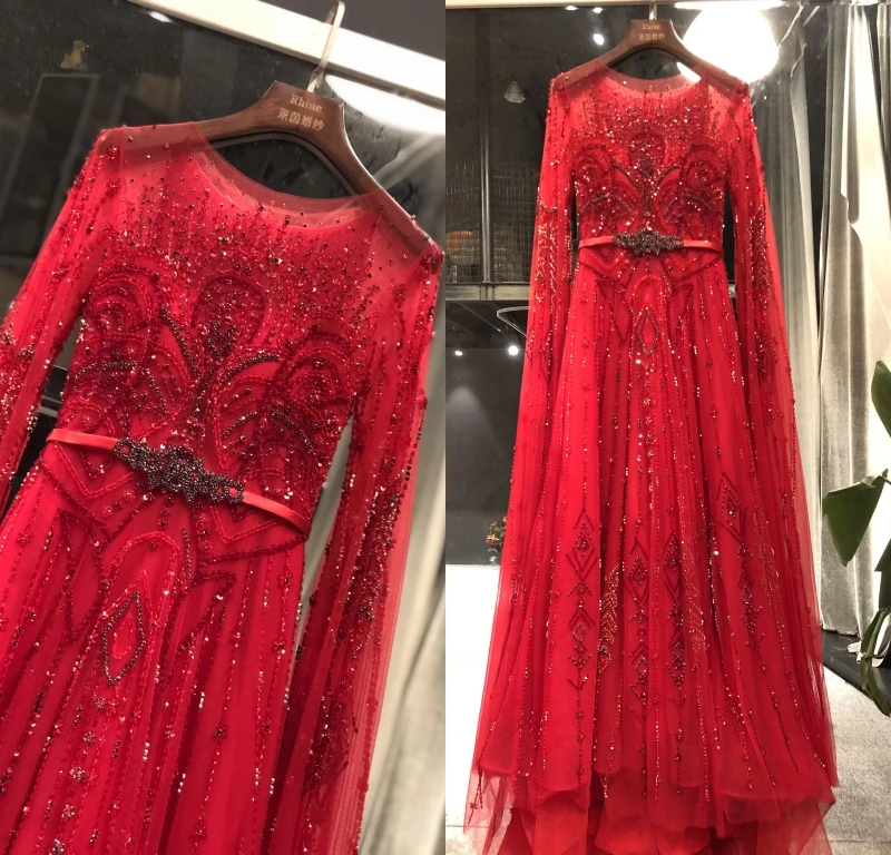 

2021 настоящие образцы красных роскошных бусин с длинными рукавами трапециевидной формы до пола официальные Выпускные вечерние платья для н...