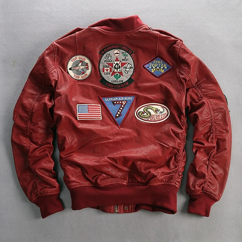 

DHL free shipping Brand Genuine Leather Jackets Male Goat Skin Multi- labeling Embroidery Pilot Collar Bomber Motorcycle Jackets