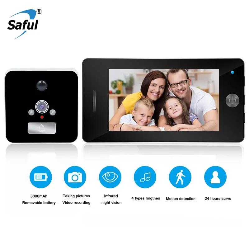 Saful 3000 мА/ч двери Камера ЖК дисплей Цвет Экран дверной глазок видео Запись