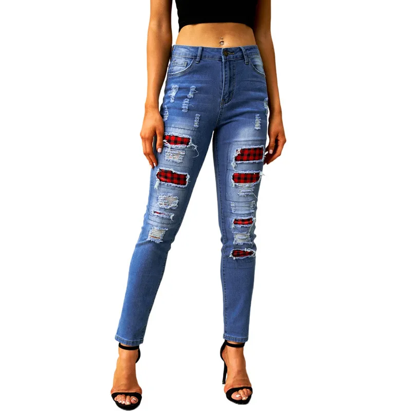 

2021 new fashionable jeans women's plaid pattern with pockets worn out and worn nine-point pants women