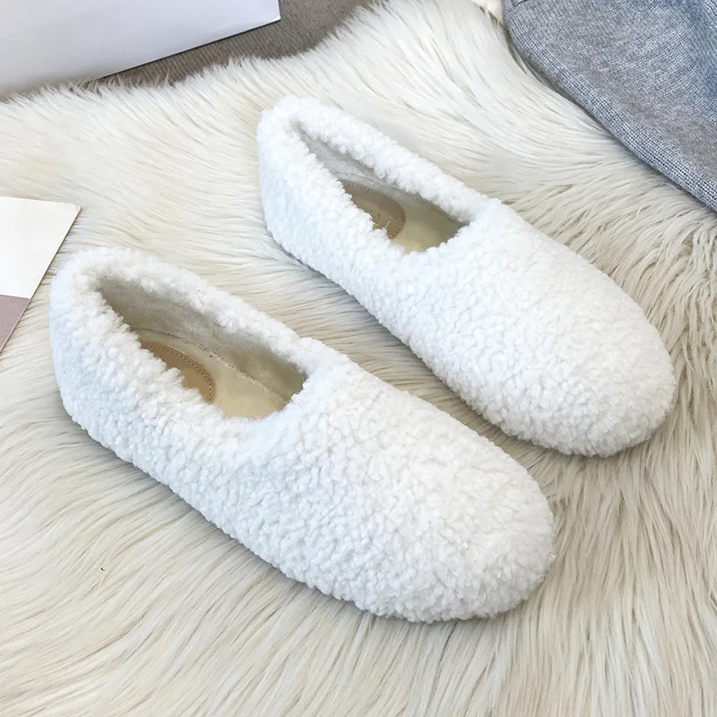 

Curly Luxury Lamb Fur Flats Woman Brief Fleeces Loafers Winter Warm Plush Cotton Shoes Women Lambwool Moccasins Plus Size 34-43