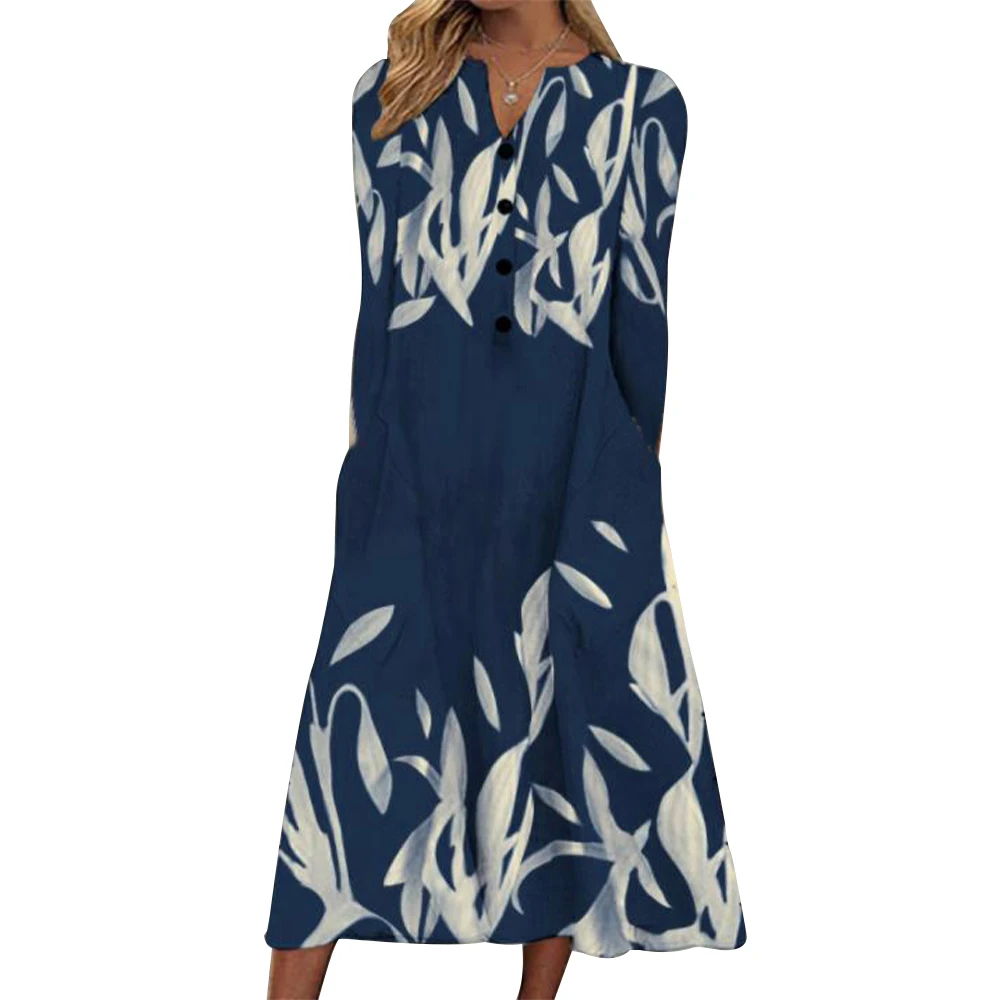 

Women Natural Woven Floral Printing Button Long Sleeve Round Neck Dress Spring/Autumn Midi Length Pull over Casual Dress