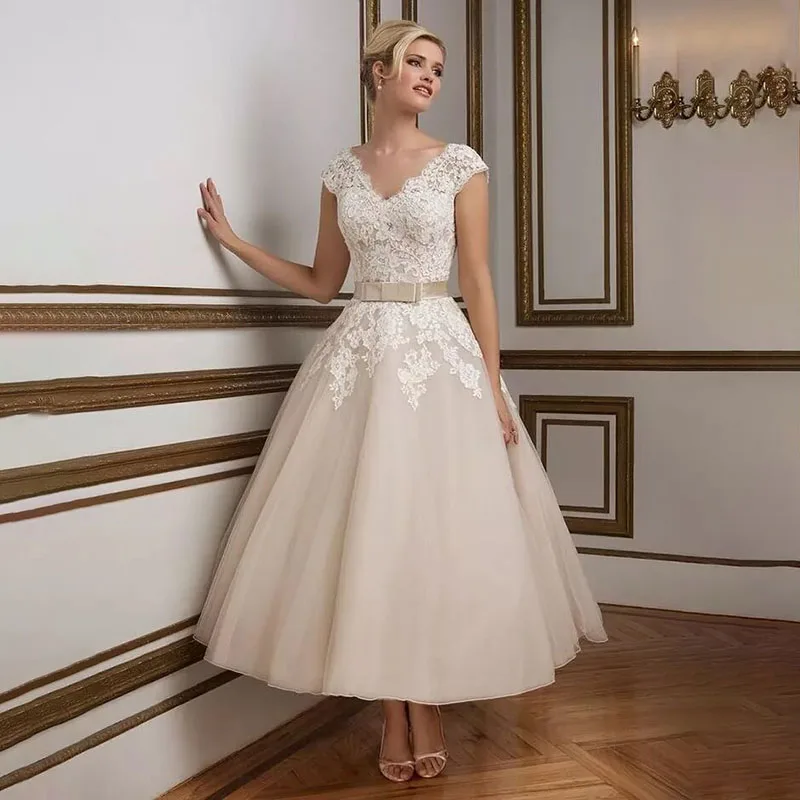 Champagne Tea Length Wedding Dresses White Lace Bride Dress Cap Sleeve V Back Vestido de Noiva Curto Short Wedding Gowns 2020
