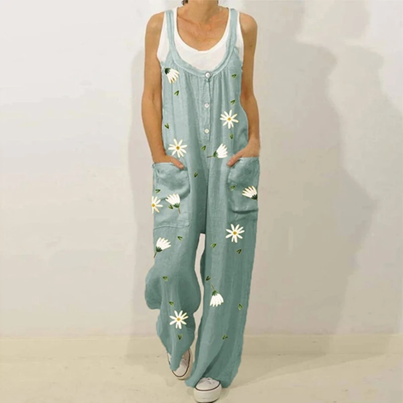 

Retro Flower Print Cotton Linen Women Jumpsuit Summer Elegant Button Strappy Backless Bodysuit Sexy Pocket Loose Trousers Romper