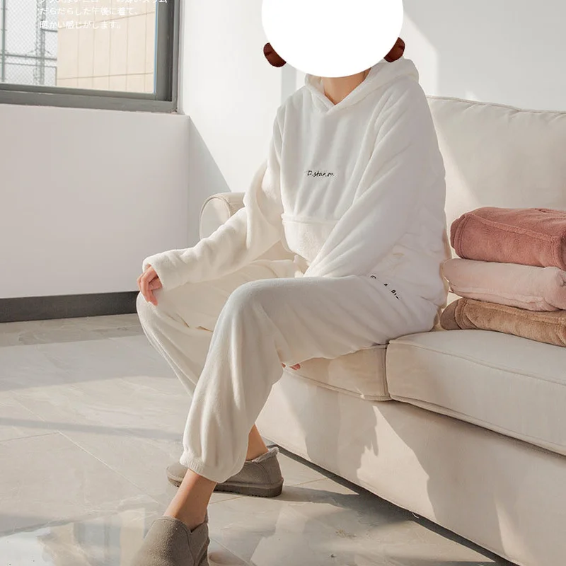 Женские пижамные комплекты с капюшоном и длинным рукавом зимняя плотная