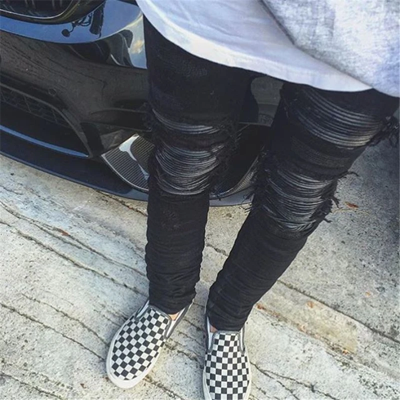 Stretch Black Blue Fashion Pleated Hip Hop Denim Pant New Men Skinny Ripped Biker Jeans Joggers Destroyed Holes Pants plus size | Мужская
