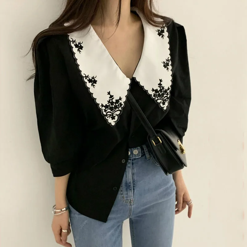 

Elegant White Floral Embroidery Women Shirts Vintage Blusas Mujer De Moda 2022Korean Chic Puff Sleeve Blouse Tops Clothes 14223