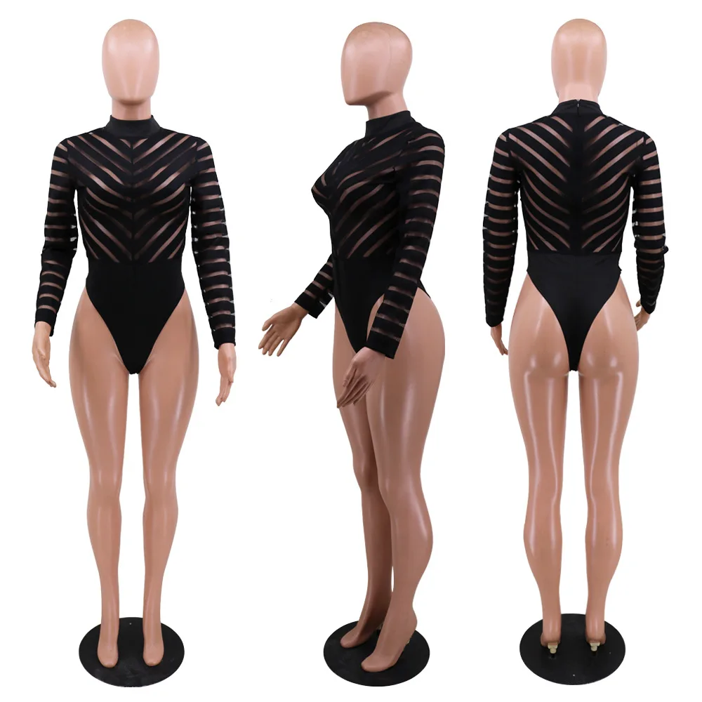 

All Black See Through High Waist Rompers Jumpsuits Womens Long Sleeve One Piece Bodycon Playsuit Sexy Club Outfits Wholesale