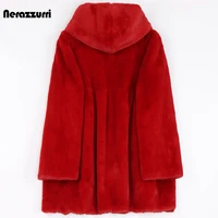 nerazzurri winter pink fluffy soft light faux fur jacket women with hood high waist plus size korean fashion clothing 2021 7xl